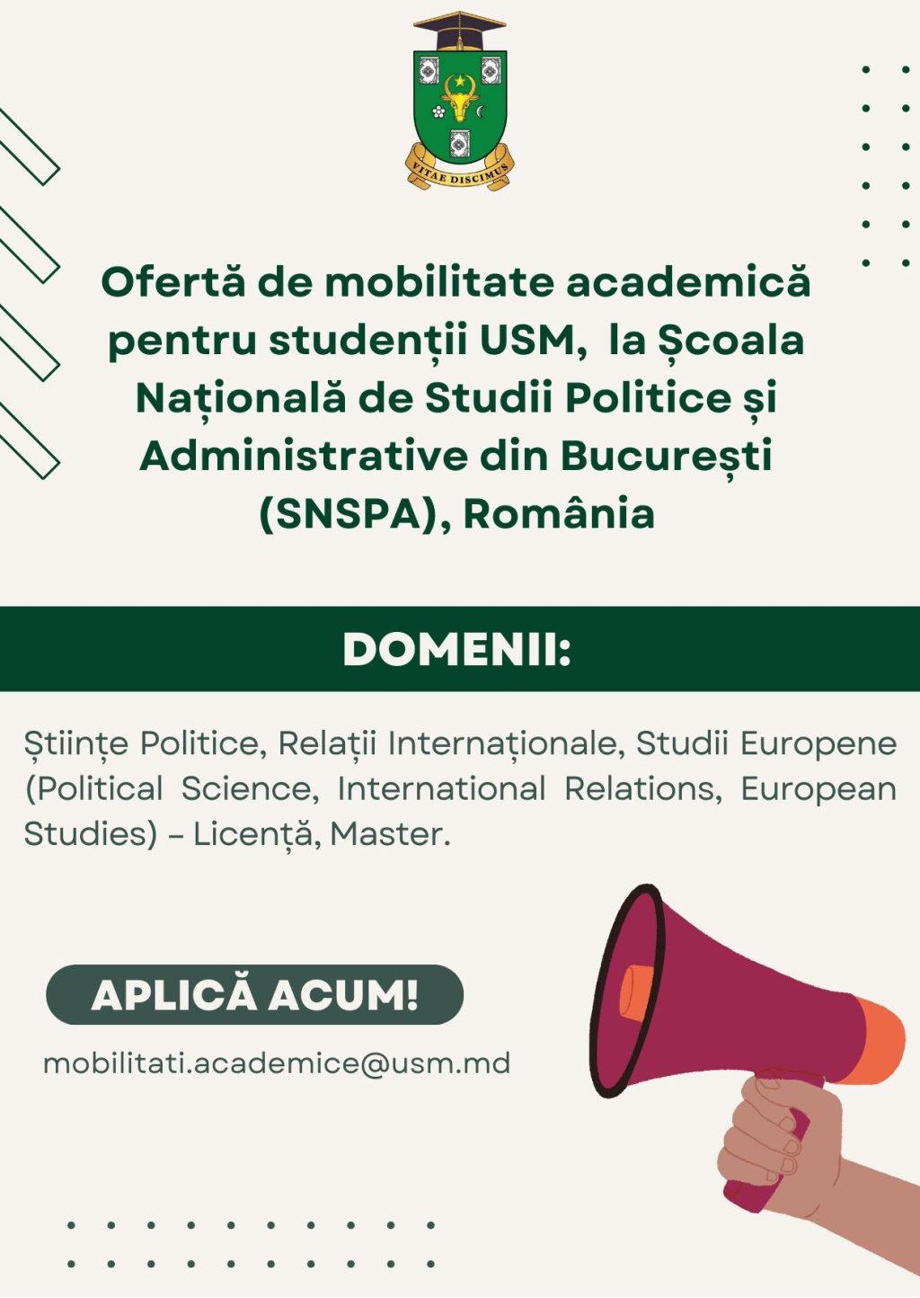 Ofertă de mobilitate academică de studii pentru studenții USM în cadrul programului Erasmus+ KA171 pe perioada anului academic 2023/2024 la Școala Națională de Studii Politice și Administrative din Bucureşti (SNSPA), România