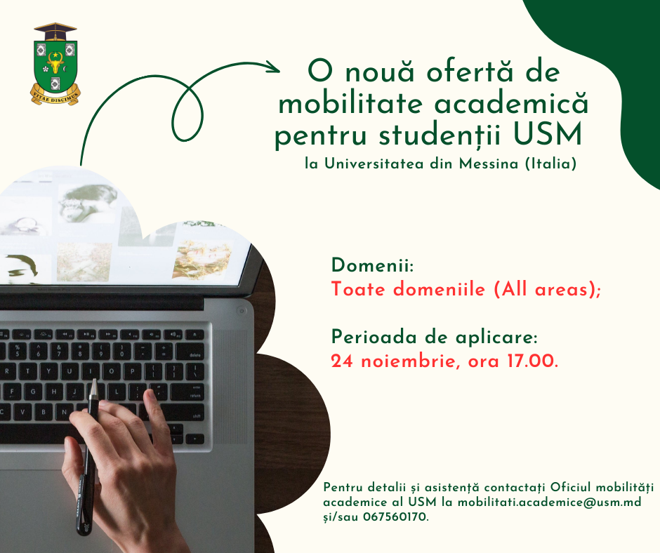 Ofertă de mobilitate academică pentru studenții USM în cadrul programului Erasmus+ KA171, perioada anului academic 2023/2024 la Universitatea din Messina (Italia)