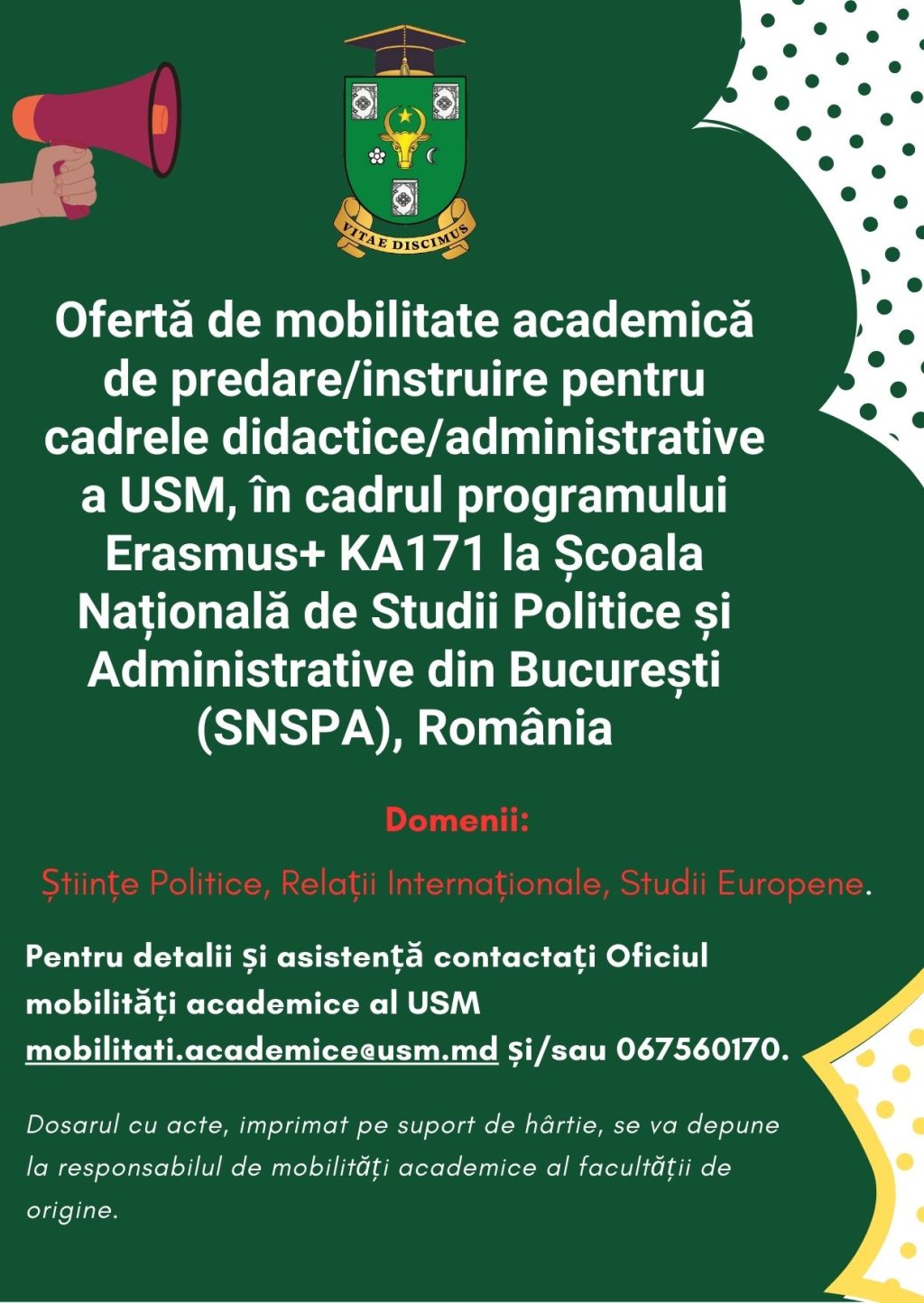 Ofertă de mobilitate academică de predare/instruire pentru cadrele didactice/administrative a USM, în cadrul programului Erasmus+ KA171 la Școala Națională de Studii Politice și Administrative din Bucureşti (SNSPA), România