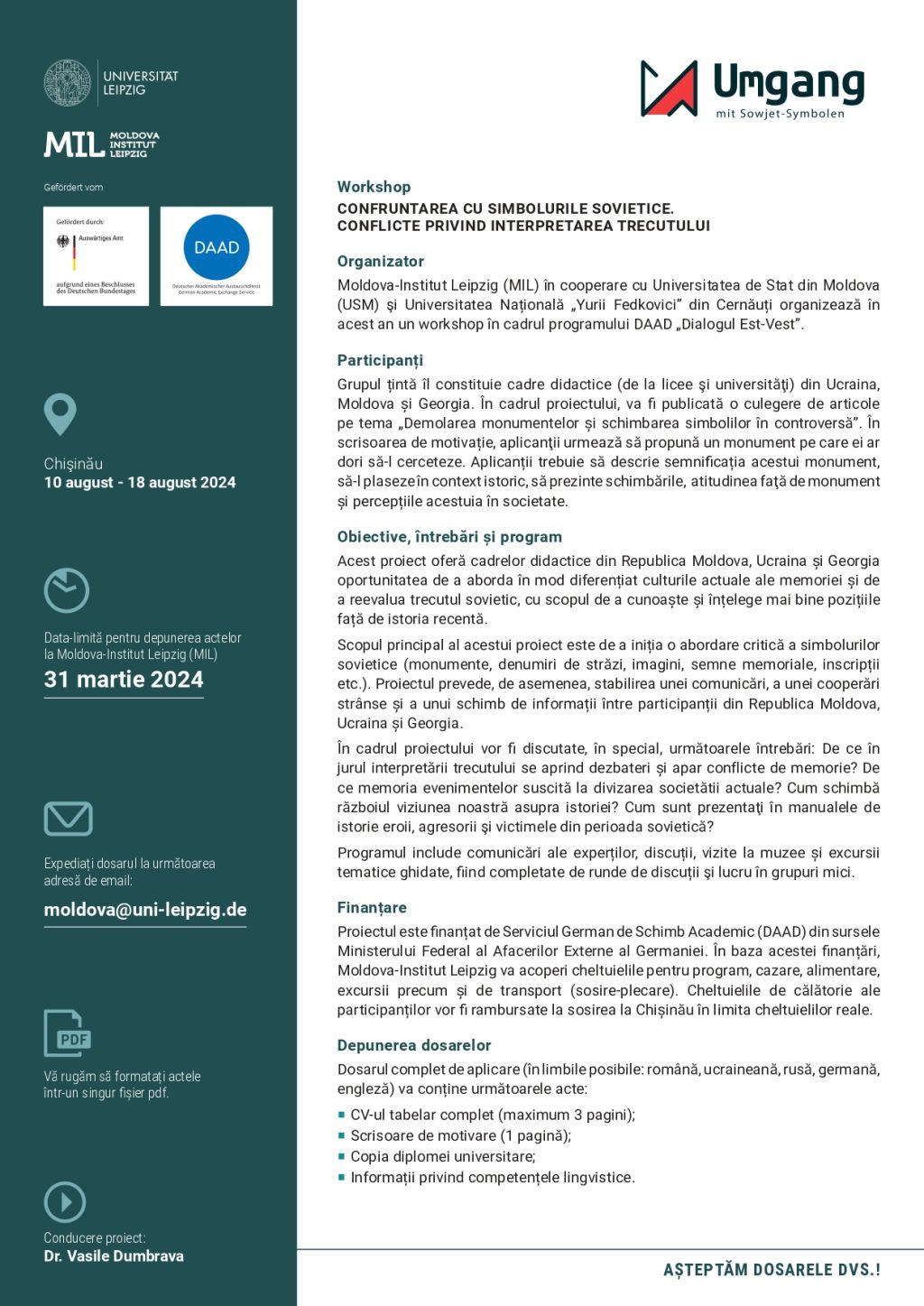Cadrele didactice din țară sunt invitate să aplice la proiectul DAAD: Confruntarea cu simbolurile sovietice. Conflicte privind interpretarea trecutului