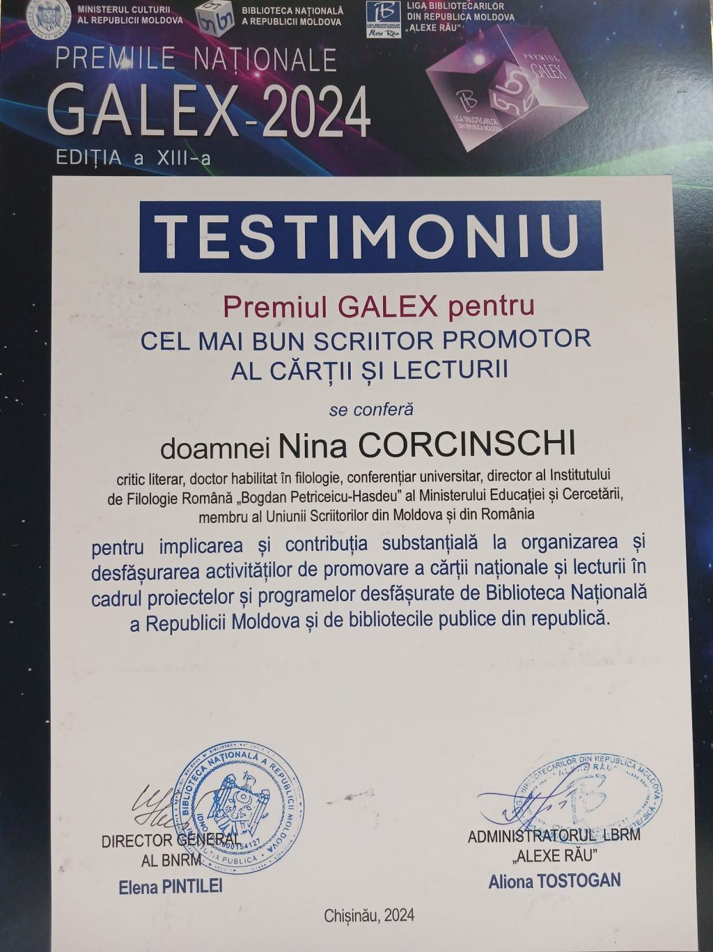 Distincția „Cel mai bun scriitor promotor al cărții și lecturii” – acordată directoarei Institutului de Filologie Română „Bogdan Petriceicu-Hasdeu” la Gala Premiilor Naționale GALEX