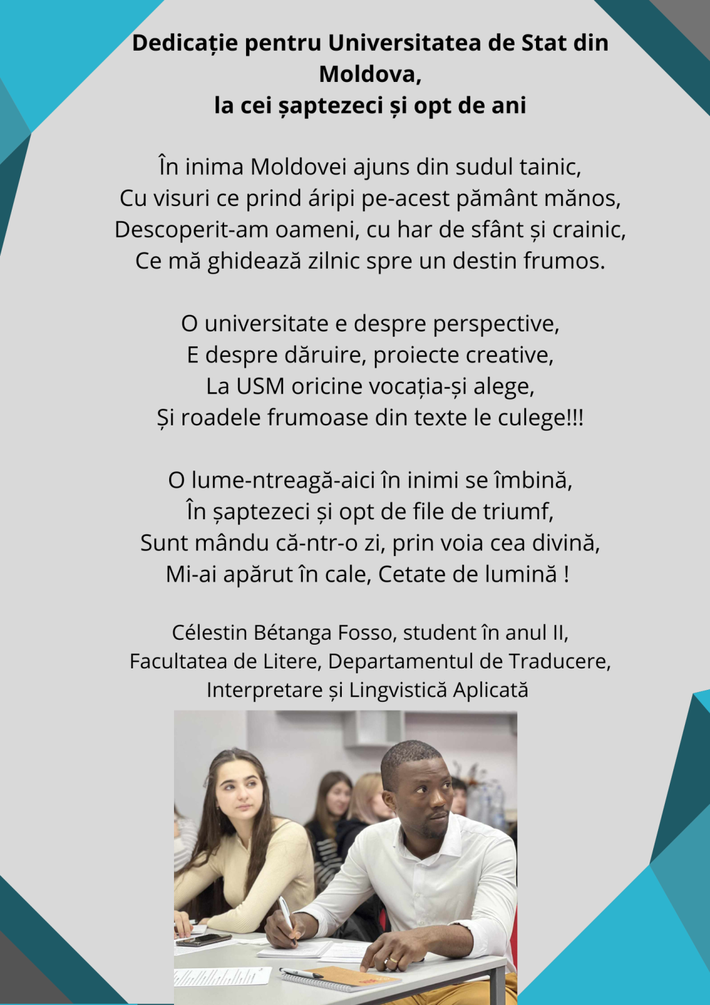 Studentul internațional Célestin Bétanga Fosso face o dedicație pentru Universitatea de Stat din Moldova, cu ocazia aniversării de șaptezeci și opt de ani ai instituției