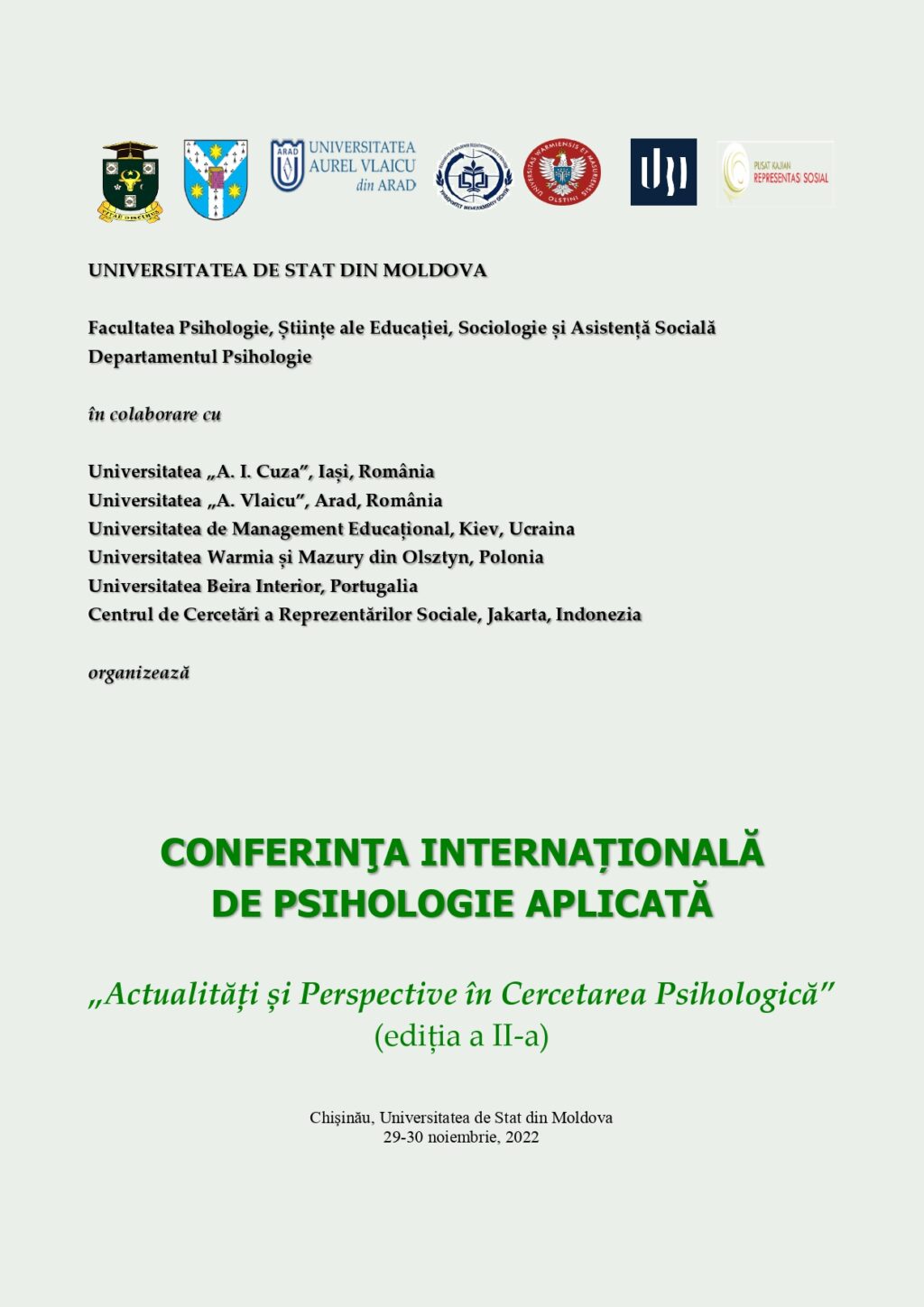 Anunț privind organizarea Conferinței Internaționale de Psihologie Aplicată cu tema „Actualități și Perspective în Cercetarea Psihologică”, (ediția a II-a)