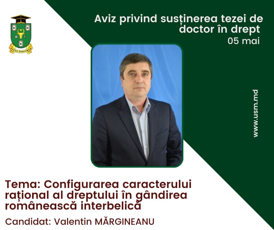 ANUNŢ privind susţinerea tezei de doctor în drept