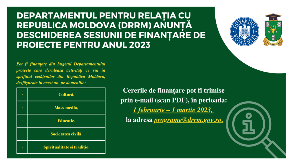 Departamentul pentru Relația cu Republica Moldova (DRRM) anunță deschiderea sesiunii de finanțare de proiecte pentru anul 2023