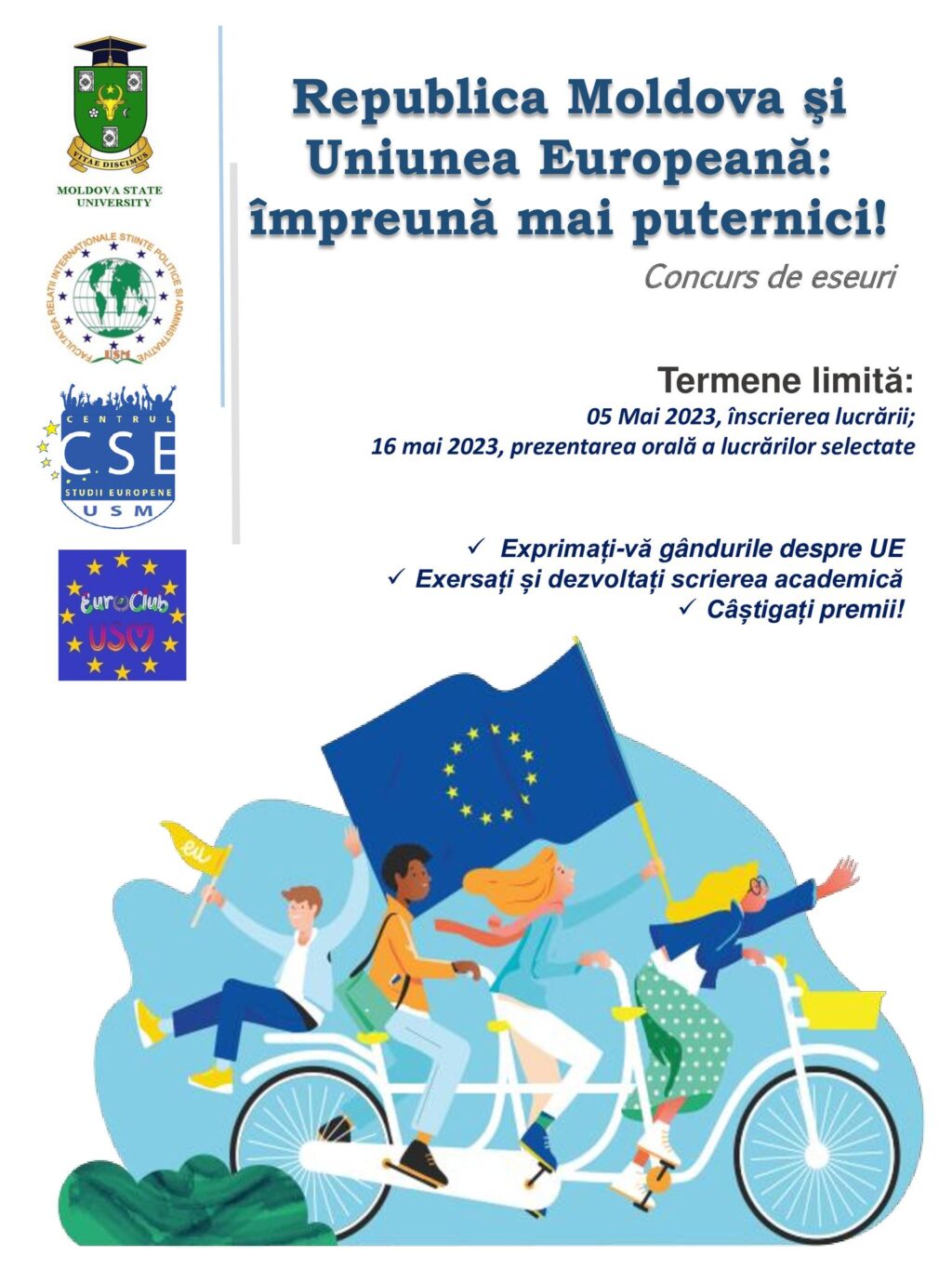 În atenția studenților USM: Concurs de eseuri – Republica Moldova şi Uniunea Europeană: împreună mai puternici!
