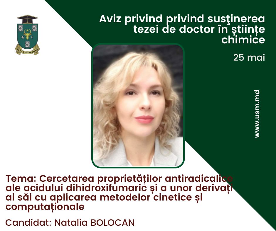 ANUNŢ privind susţinerea tezei de doctor în științe chimice