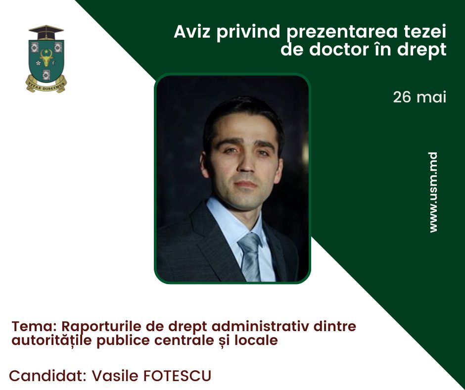 Anunț privind prezentarea tezei de doctor în drept
