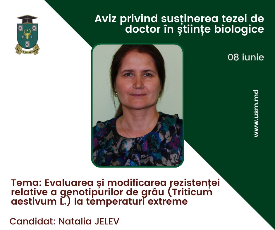 ANUNȚ privind susținerea tezei de doctor în științe biologice