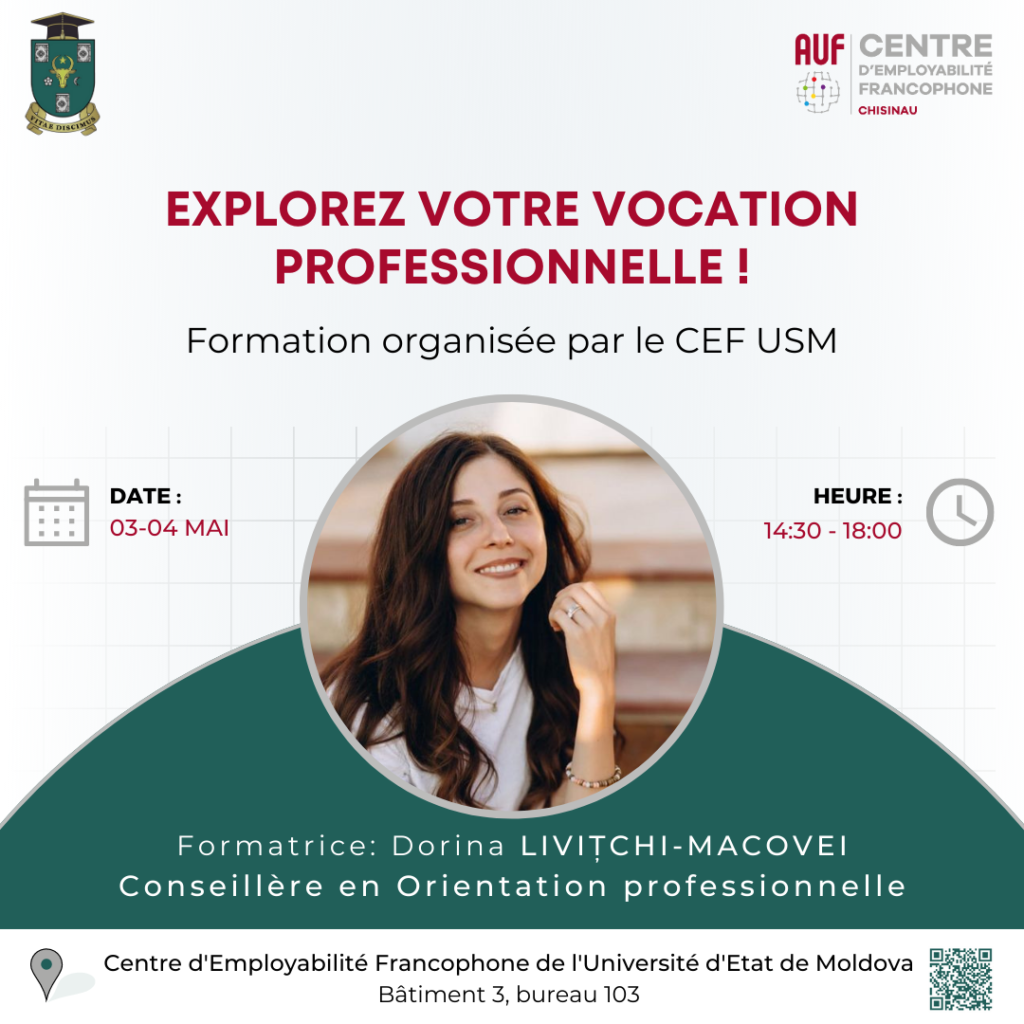 Anunț privind înscrierea la cursul de formare „Explorez votre vocation professionnelle” / „Descoperă-ți potențialul profesional”