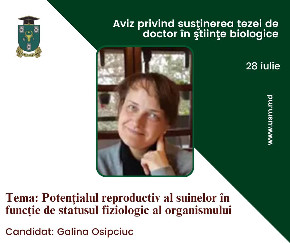 ANUNŢ privind susţinerea tezei de doctor în ştiinţe biologice