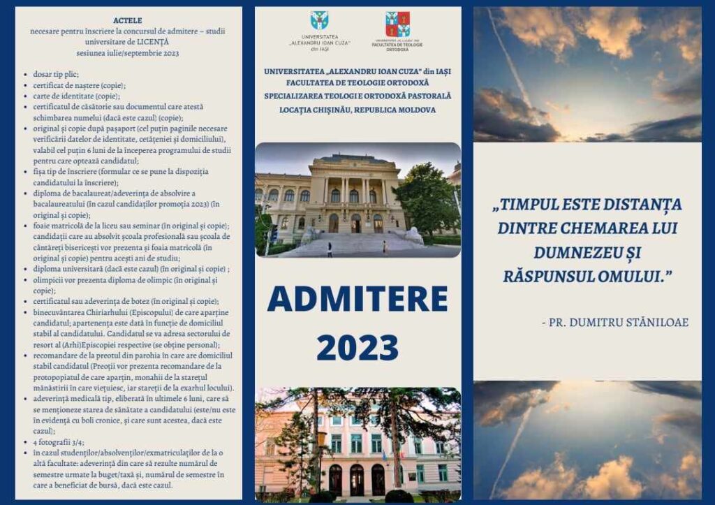 Anunț privind perioada de admitere la Facultatea de Teologie Ortodoxă, specializarea Teologie Ortodoxă pastorală