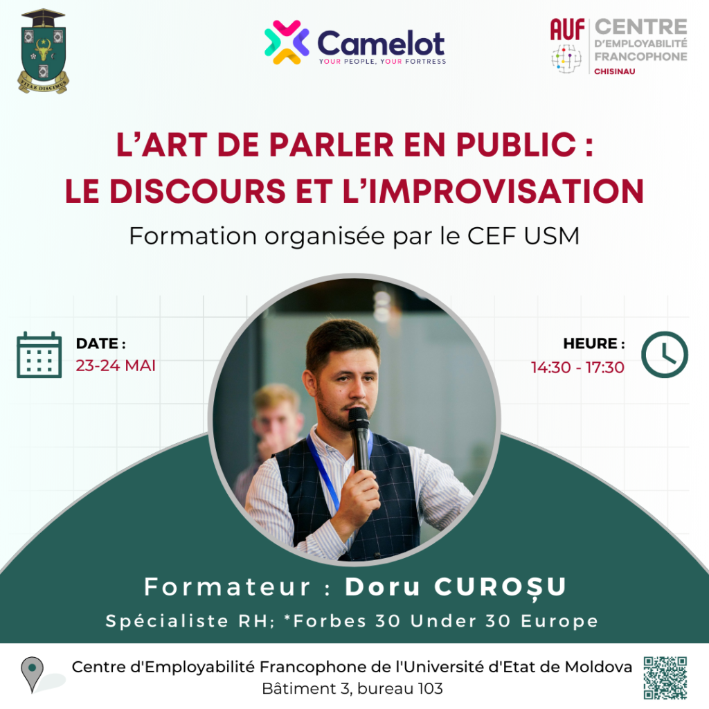 Anunț privind înscrierea la cursul de formare „L’art de parler en public: le discours et l’improvisation” / „Arta de a vorbi în public: discursul și improvizația”