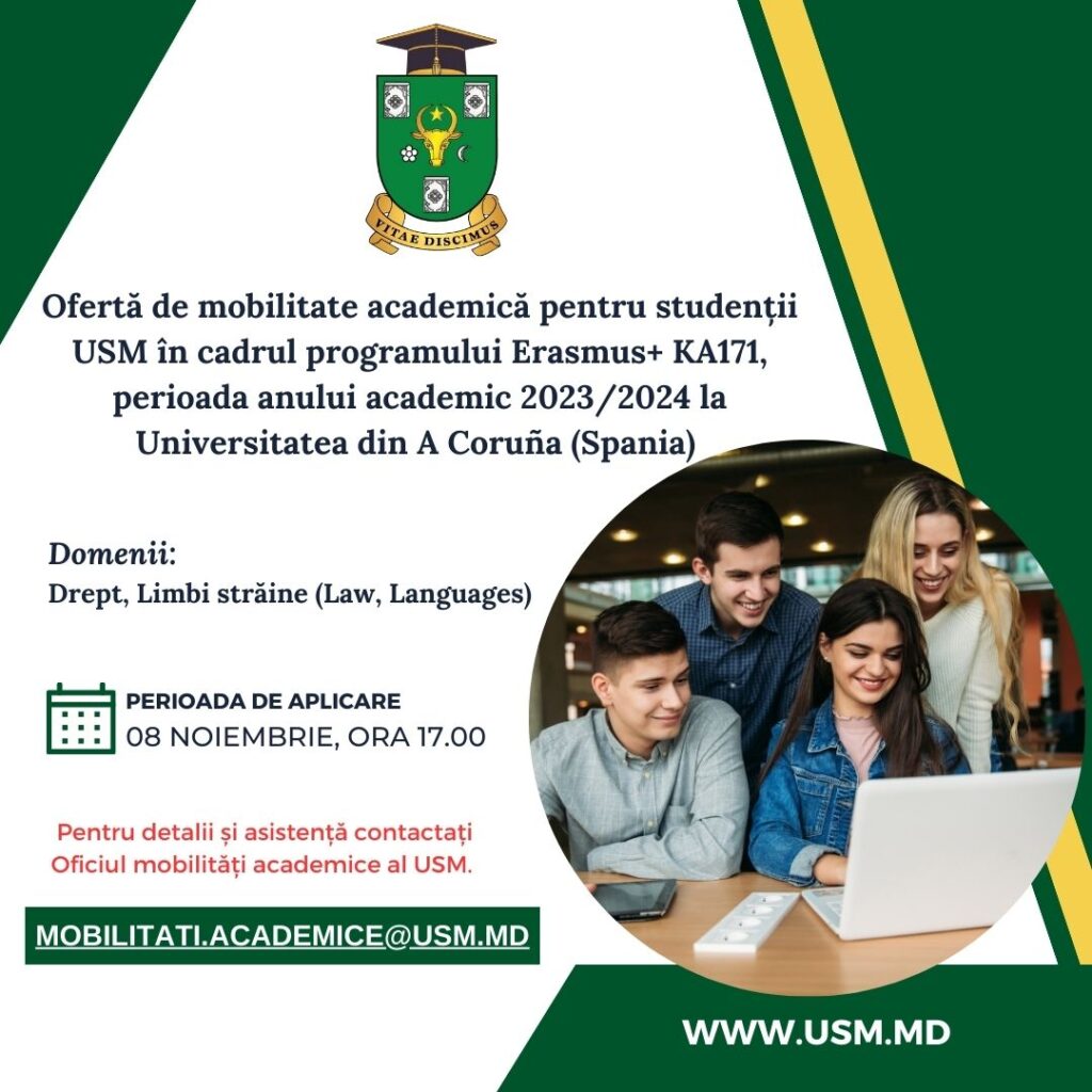 Ofertă de mobilitate academică pentru studenții USM în cadrul programului Erasmus+ KA171, perioada anului academic 2023/2024 la Universitatea din A Coruña (Spania)