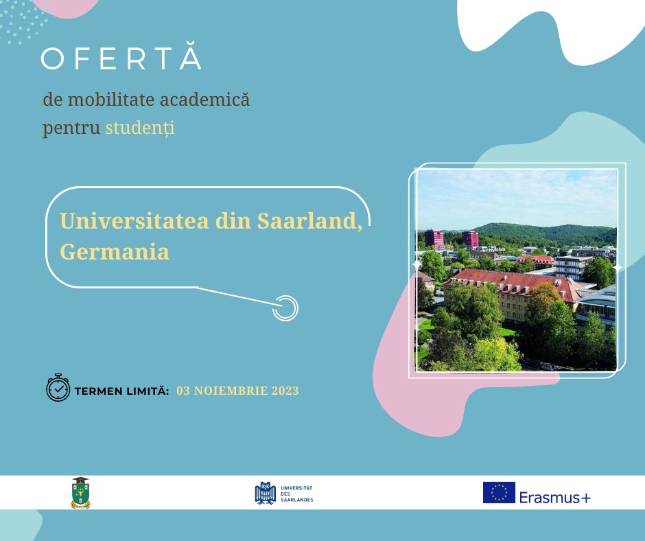 Ofertă de mobilitate academică de studii pentru studenții USM în cadrul programului Erasmus+ KA171 pe perioada anului academic 2023/2024 la Universitatea din Saarland (Germania)