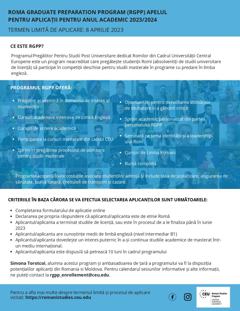 Apel pentru aplicații la Programul Pregătitor Pentru Studii Post Universitare dedicat Romilor (RGPP) pentru anul academic 2023/2024