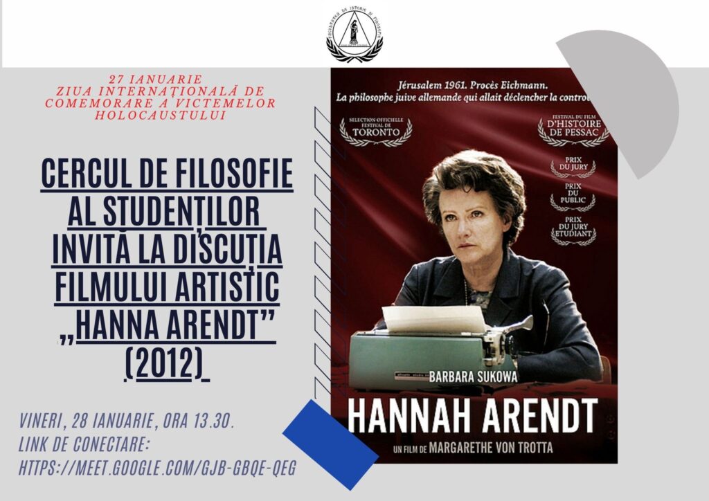 Cercul de filosofie a studenților invită la discuția filmului artistic „hanna arendt” (2012)