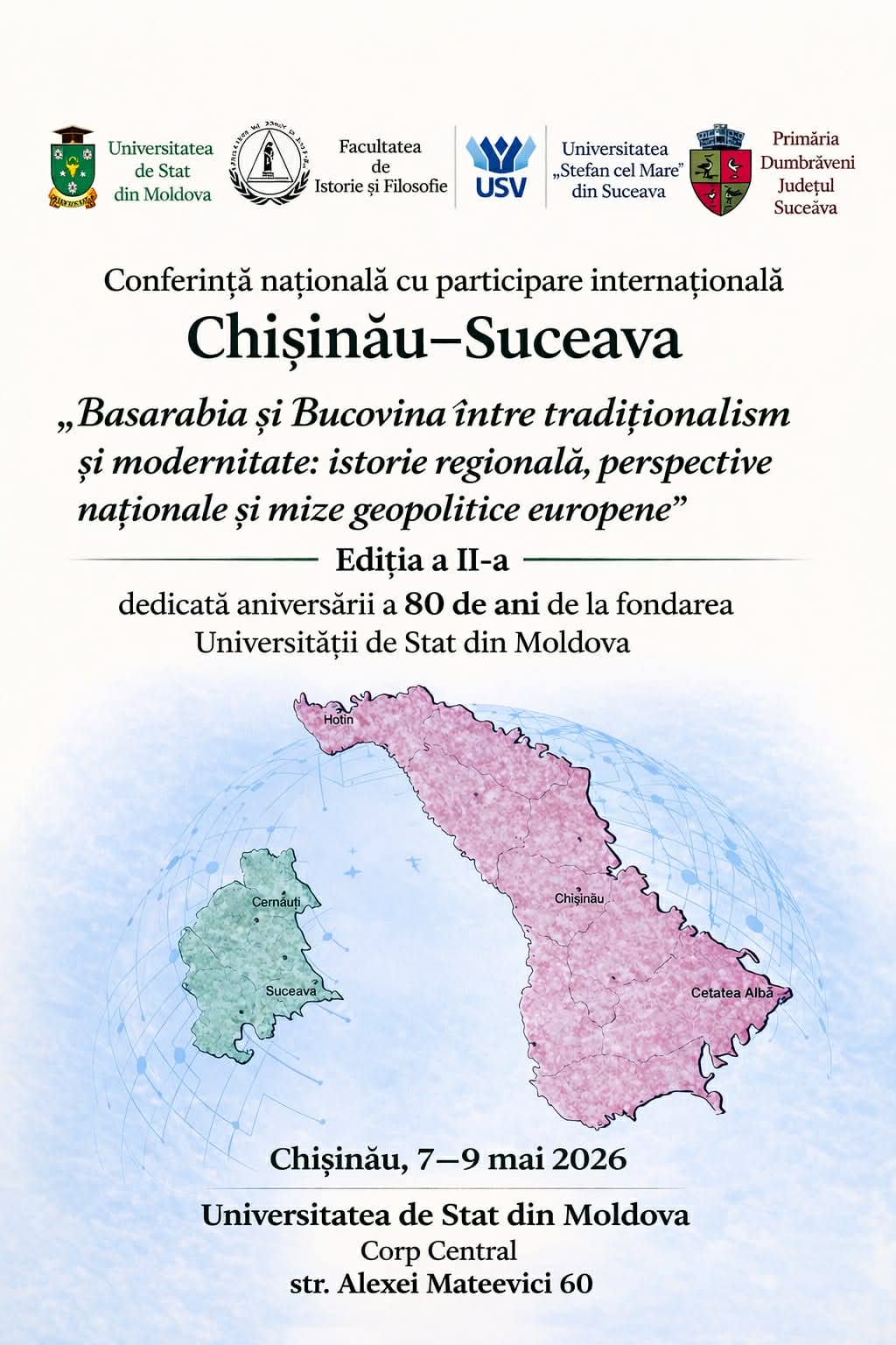 Anunț privind desfășurarea la USM a Conferinței naționale cu participare internațională Chișinău-Suceava
