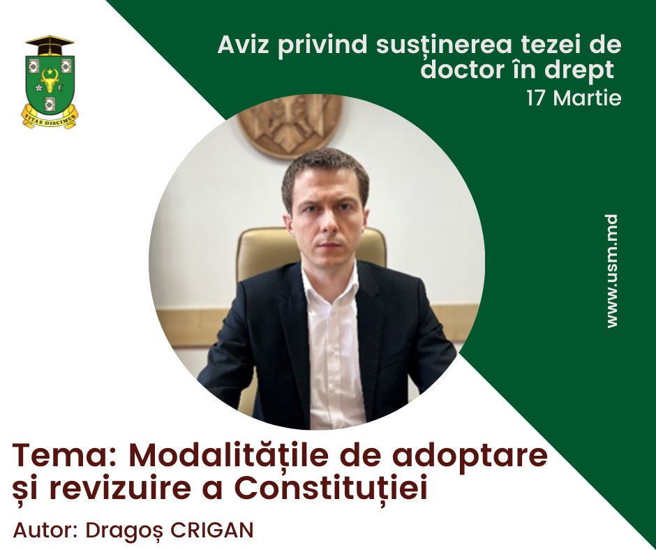 Anunț privind prezentarea tezei de doctor în drept