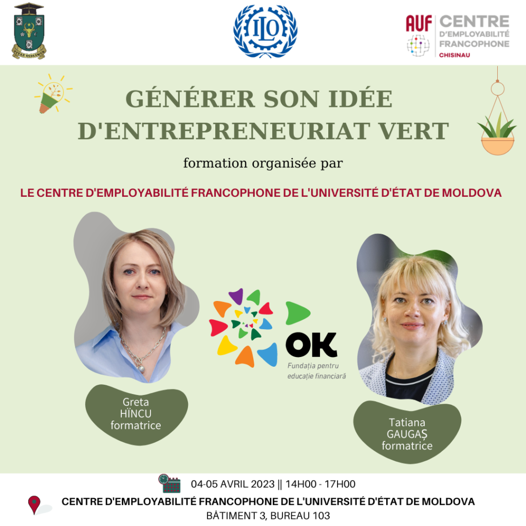 Anunț privind înscrierea la atelierul de formare  „Générer son idée d’entrepreneuriat vert”/„ Generarea Ideii de Afaceri Verzi”