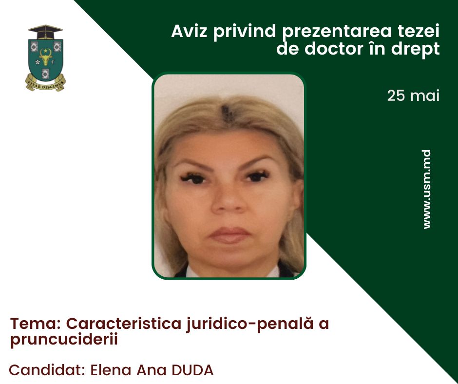 Anunț privind prezentarea tezei de doctor în drept