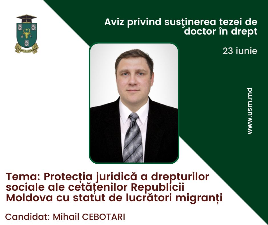 ANUNŢ privind susţinerea tezei de doctor în drept