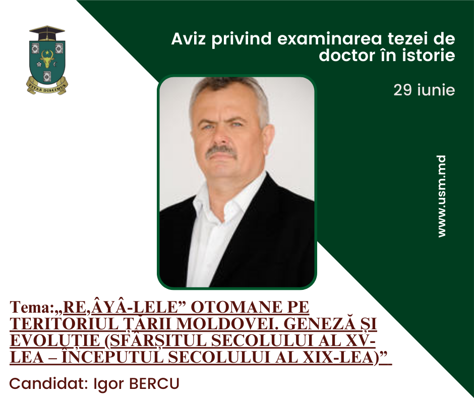 Anunț privind prezentarea tezei de doctor în istorie