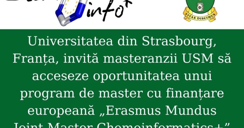 Anunț privind programul de master cu finanțare europeană „Erasmus Mundus Joint Master Chemoinformatics+”