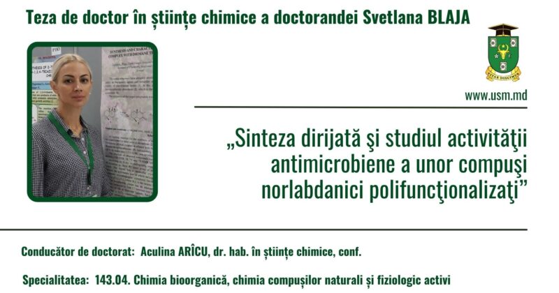 Anunț privind susținerea publică a tezei de doctorat în știinte chimice