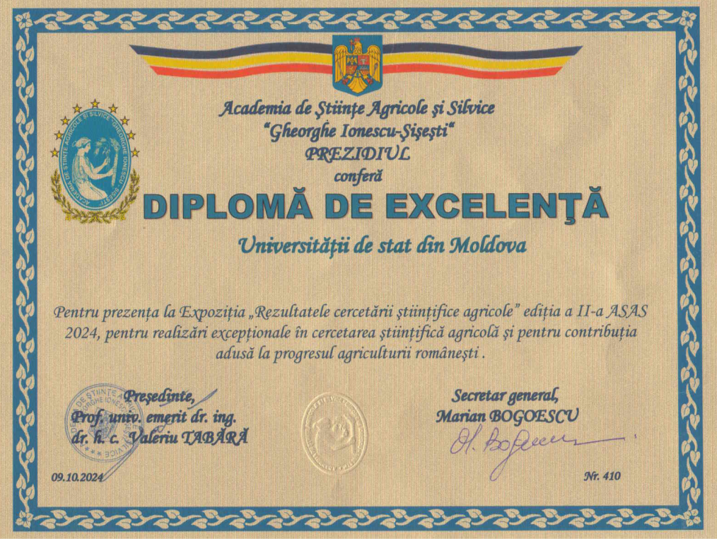 Universitatea de Stat din Moldova – distinsă cu Diplomă de Excelență pentru realizări excepționale în cercetarea științifică agricolă