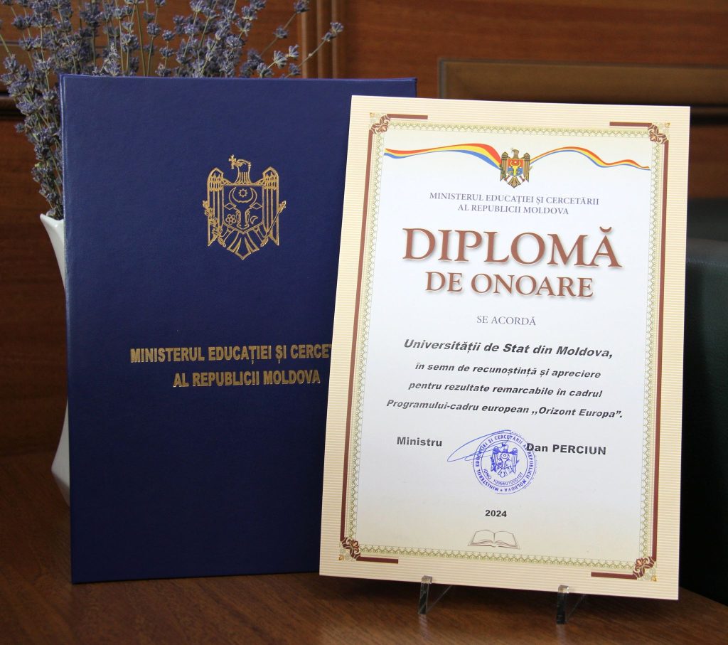 Universitatea de Stat din Moldova a primit Diploma Ministerului Educației și Cercetării pentru rezultatele remarcabile obținute în Programul „Orizont Europa”