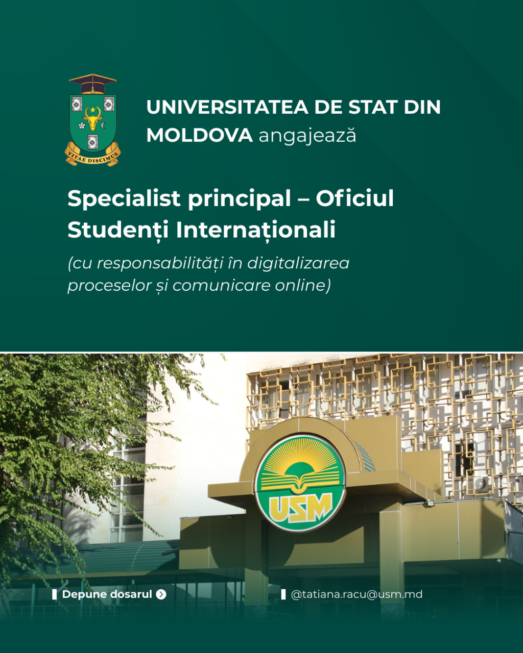 Universitatea de Stat din Moldova angajează Specialist principal – Oficiul Studenți Internaționali (cu responsabilități în digitalizarea proceselor și comunicare online)