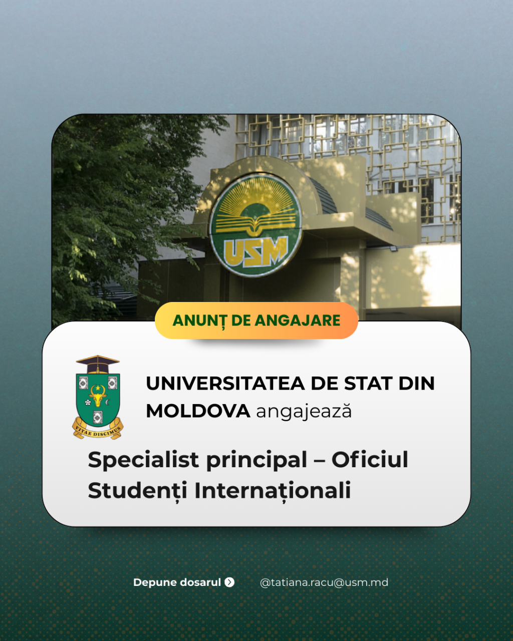 Universitatea de Stat din Moldova  Angajează Specialist principal – Oficiul Studenți Internaționali