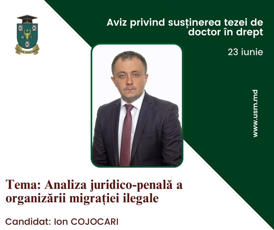 ANUNŢ privind susţinerea tezei de doctor în drept