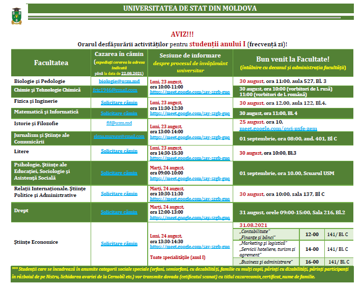 AVIZ!!!  Orarul desfășurării activităților pentru studenții anului I (frecvență zi)!