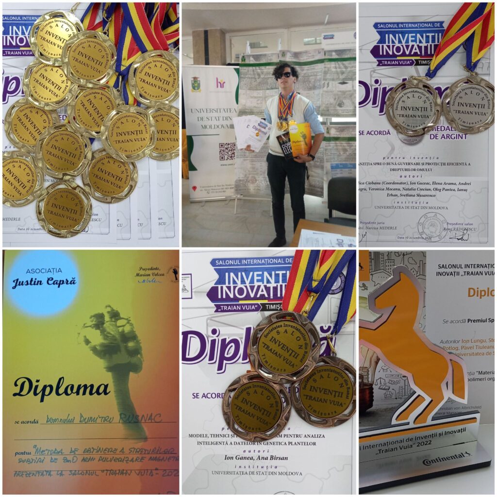 12 MEDALII DE AUR, 2 DE ARGINT, 3 MEDALII DE BRONZ ȘI DOUĂ PREMII SPECIALE PENTRU UNIVERSITATEA DE STAT DIN MOLDOVA OBȚINUTE LA SALONUL INTERNAȚIONAL DE INVENȚII ȘI INOVAȚII „TRAIAN VUIA`22”