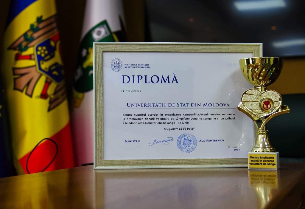 Universitatea de Stat din Moldova a fost premiată pentru implicarea activă în donarea voluntară de sânge