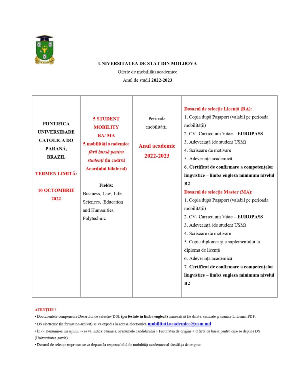 Anunț privind oferte de mobilități academice pentru anul de studii 2022-2023