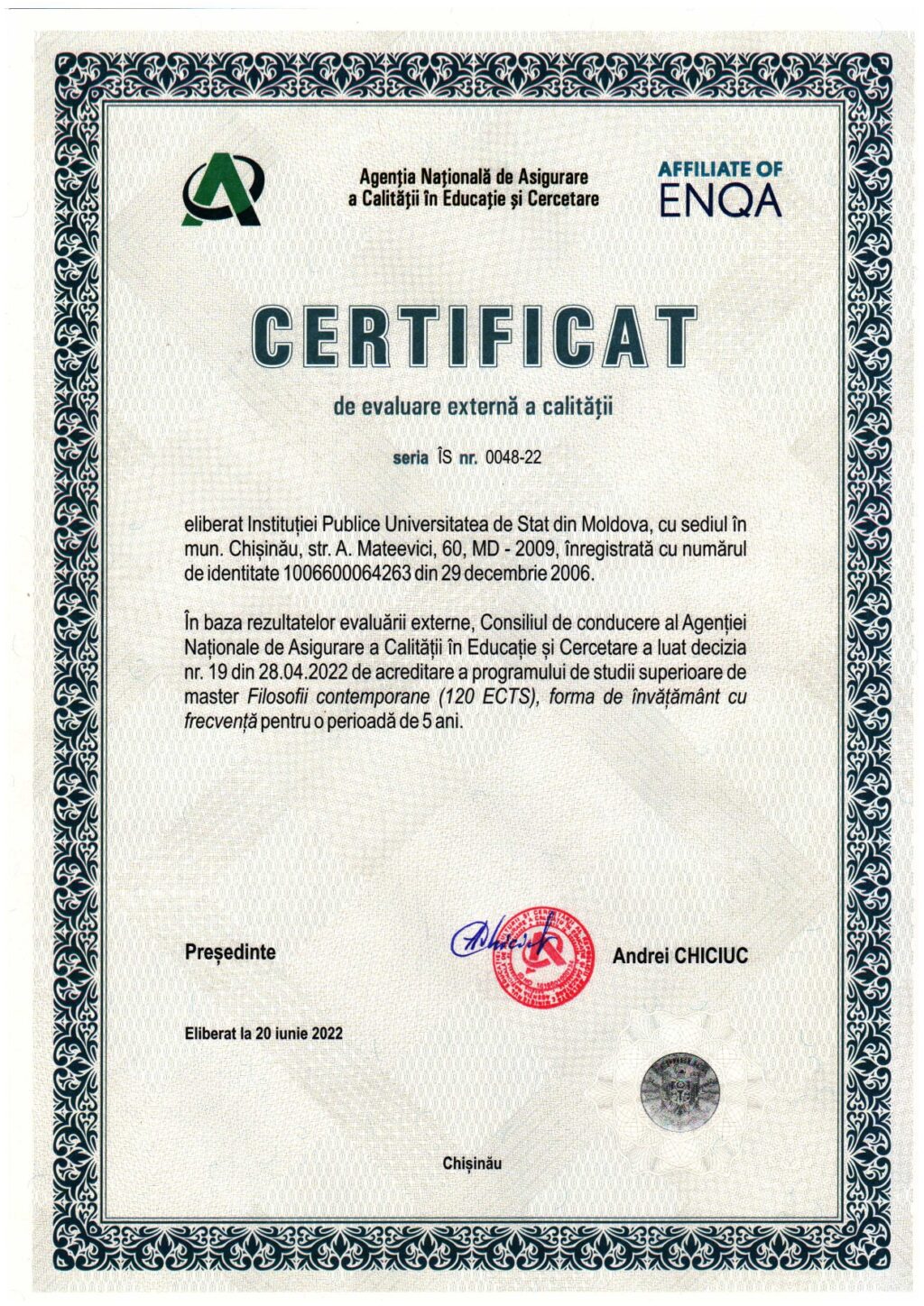 ANACEC a acordat certificatul de evaluare externă a calității pentru programul de master „Filosofii Contemporane”