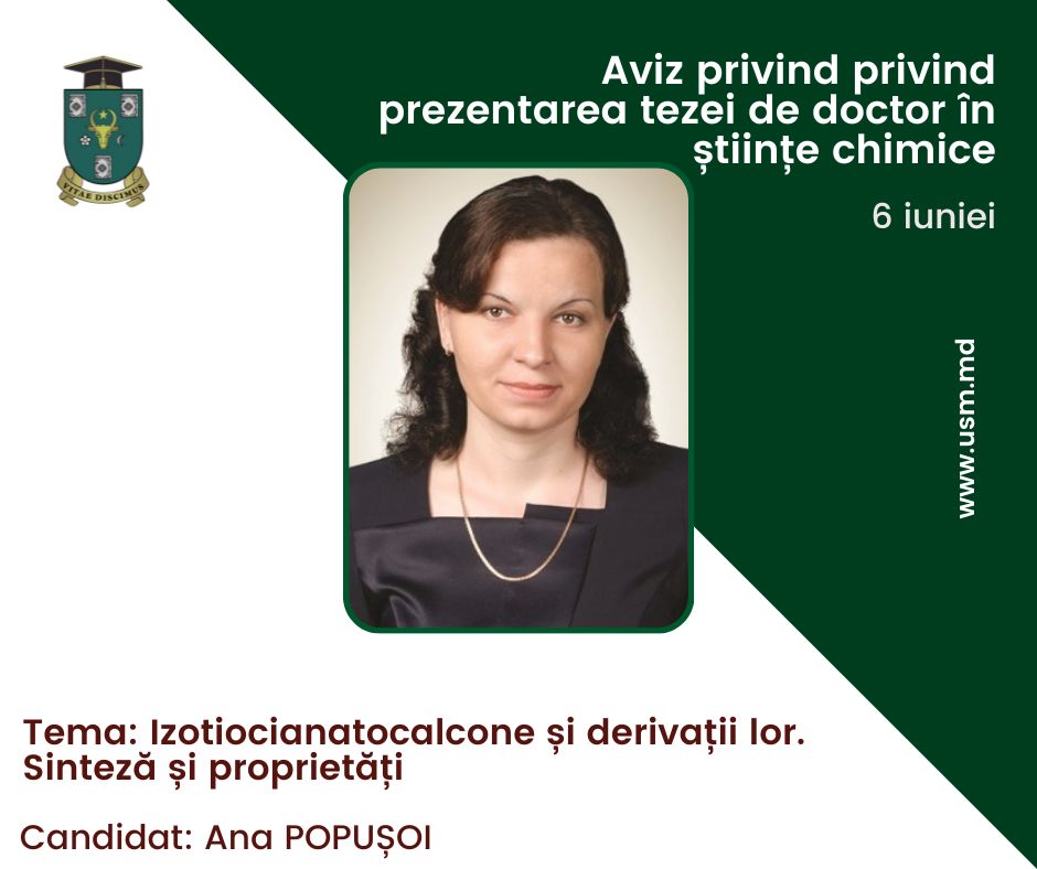 Anunț privind prezentarea tezei de doctor în științe chimice